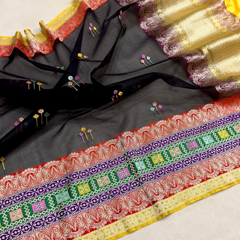 Black colour pure kora Handwoven Banarasi saree