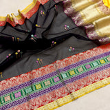 Black colour pure kora Handwoven Banarasi saree