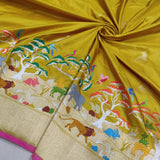 Mustard yellow colour pure katan silk Handwoven banarasi saree