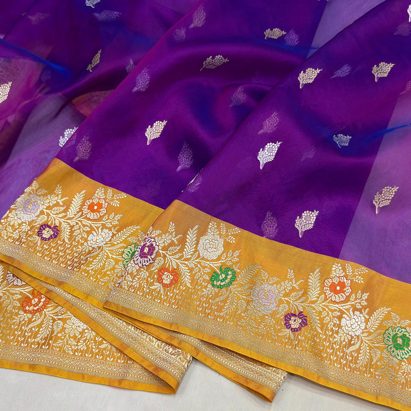 Dual shade pure kora Handwoven Banarasi saree