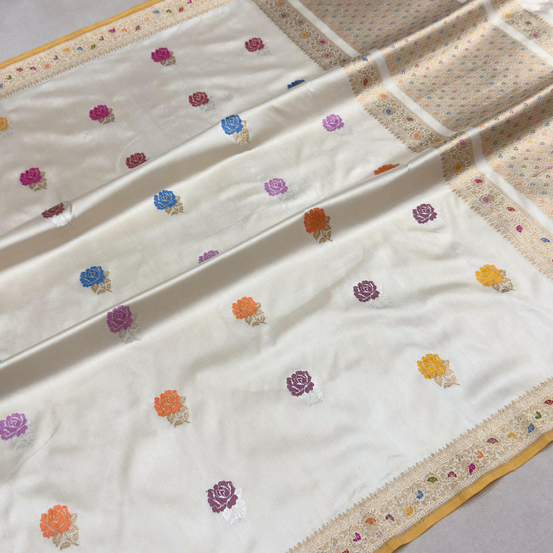 Off white colour pure katan silk handwoven banarasi saree