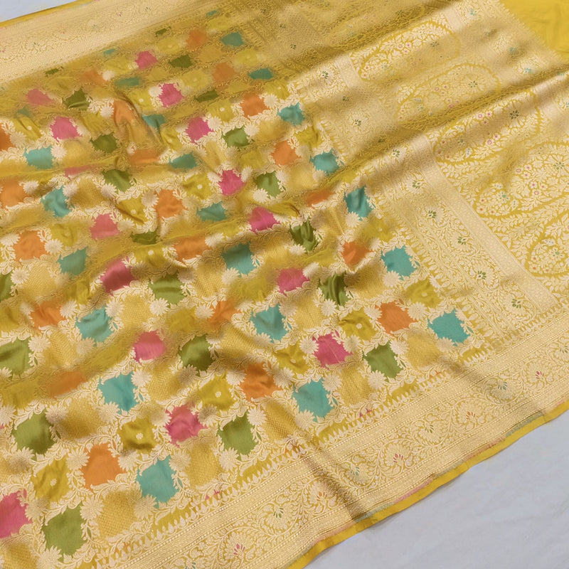 Yellow Color Pure Katan silk Handwoven banarasi rangkat saree