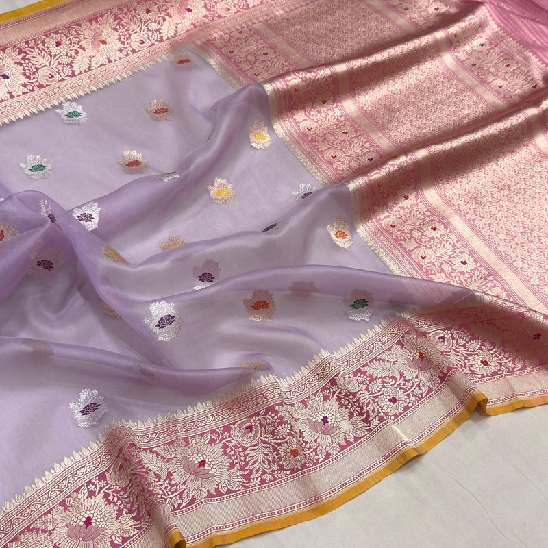 Lavender colour pure kora Handwoven banarasi saree