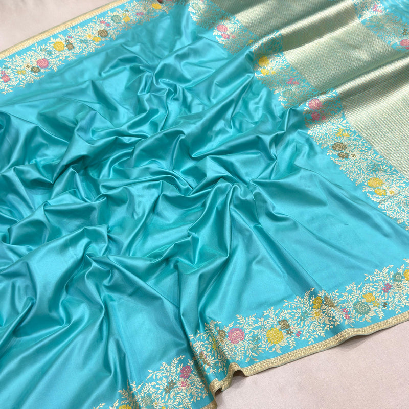 Sky Blue colour pure katan silk Handwoven banarasi saree