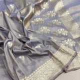 Grey colour pure silk by tissue Handwoven Banarasi saree