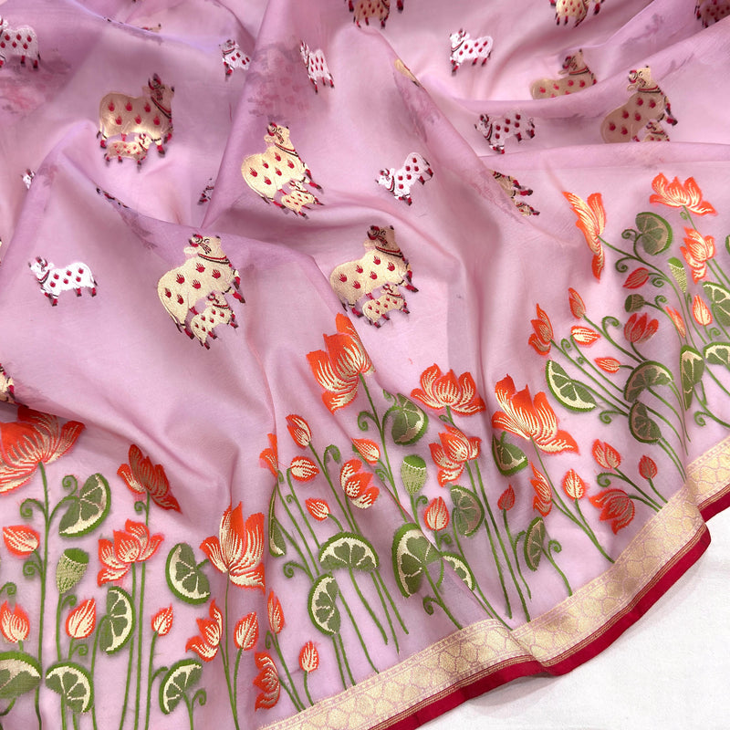Pink colour pure kora Handwoven Banarasi saree