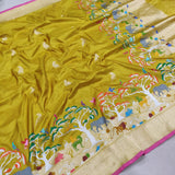Mustard yellow colour pure katan silk Handwoven banarasi saree
