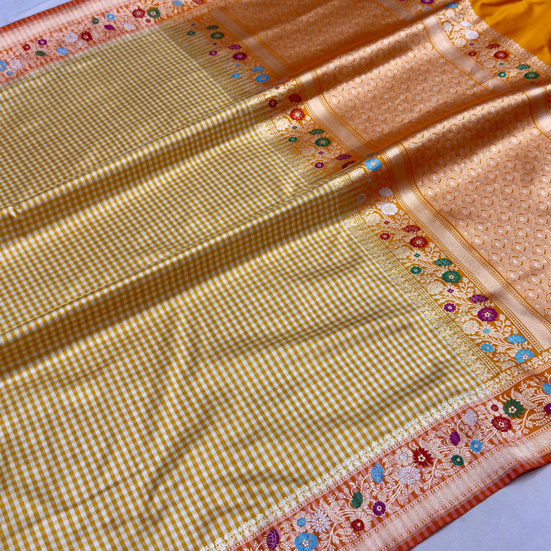 Yellow colour pure katan silk Handwoven banarasi saree