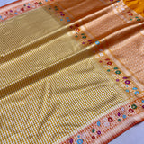 Yellow colour pure katan silk Handwoven banarasi saree