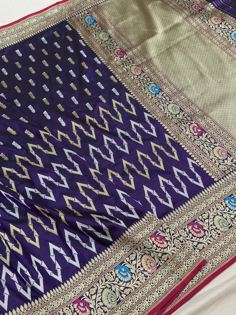 Purple Color Pure Katan Silk Handwoven Banarasi Jungla Saree