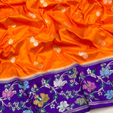 Orange colour pure katan silk handwoven Banarasi saree