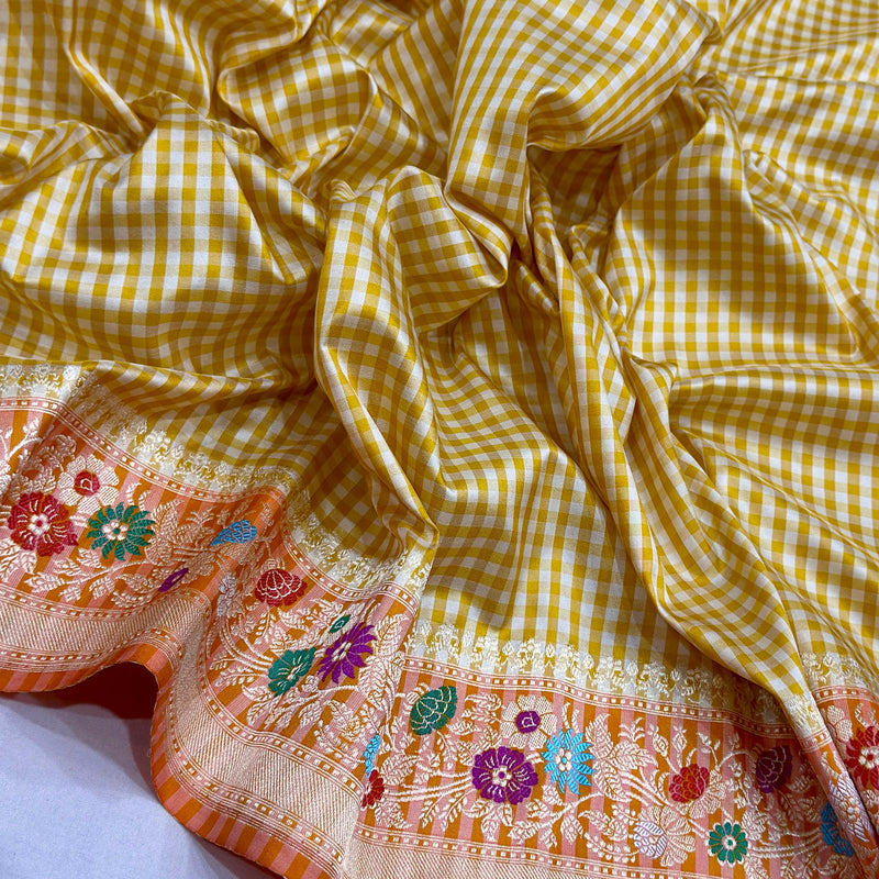 Yellow colour pure katan silk Handwoven banarasi saree