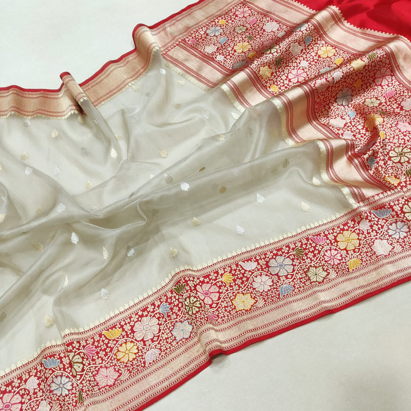 Grey colour Pure Kora Silk Handwoven Banarasi Saree