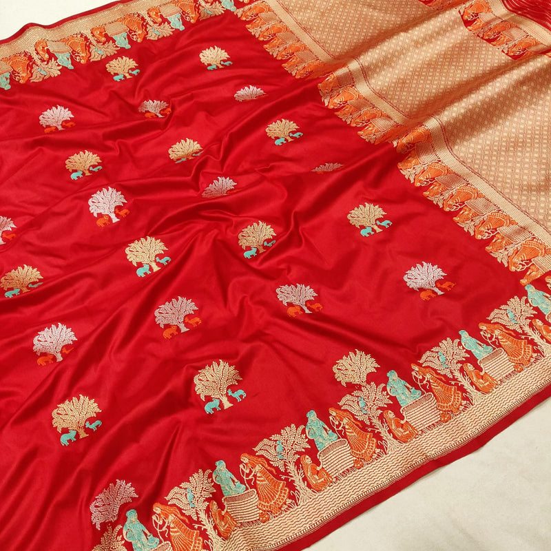 Red Colour Pure Katan Silk Handwoven Banarasi Saree