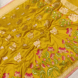 Yellow colour pure katan silk Handwoven banarasi saree