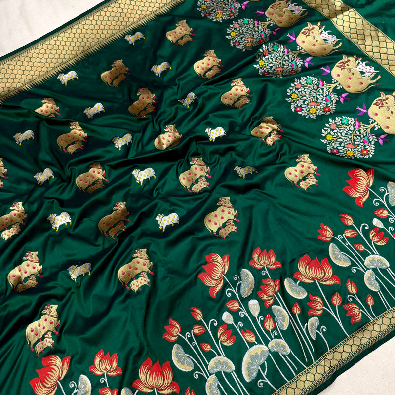 Dark green colour pure katan silk handwoven banarasi saree