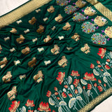 Dark green colour pure katan silk handwoven banarasi saree