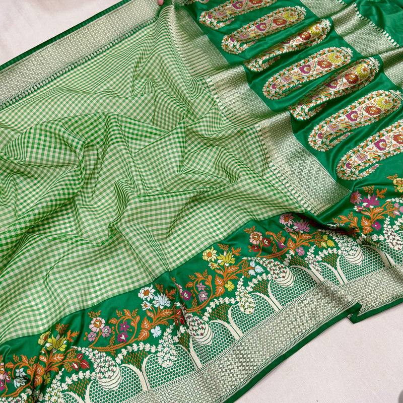 Green colour pure kora handwoven banarasi saree