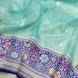 Sky blue colour Pure Kora  Handwoven Banarasi Saree