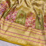Yellow colour pure katan silk Handwoven banarasi Tanchoi saree