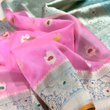 Baby pink colour pure kora Handwoven Banarasi saree