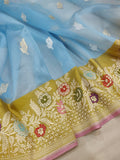 Sky Blue Colour Pure Kora Silk Handwoven Banarasi Saree