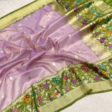 Lavender colour pure tissue handwoven banarasi saree