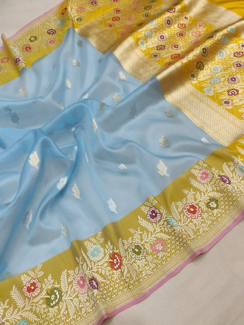 Sky Blue Colour Pure Kora Silk Handwoven Banarasi Saree
