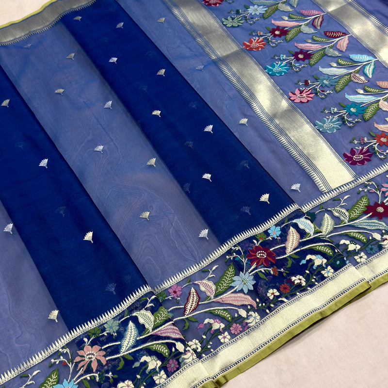 Peacock colour pure kora jamdani handwoven Banarasi saree