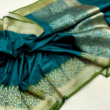 Peacock green colour pure katan silk Handwoven banarasi saree