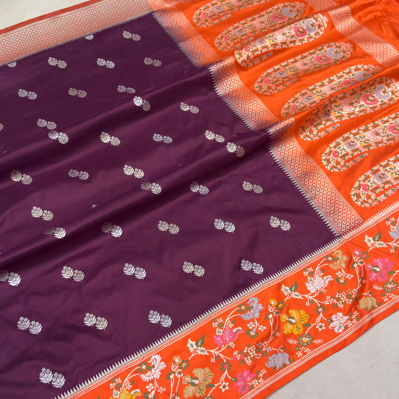 Wine colour pure katan silk Handwoven banarasi saree