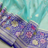 Sky blue colour Pure Kora  Handwoven Banarasi Saree