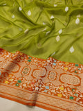 Mehndi Green Color Pure Kora Silk Handwoven Banarasi Saree