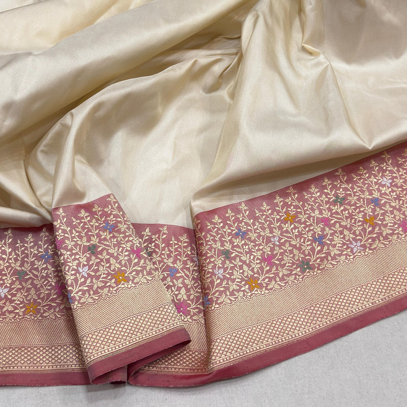 Off white colour pure katan silk handwoven banarasi saree