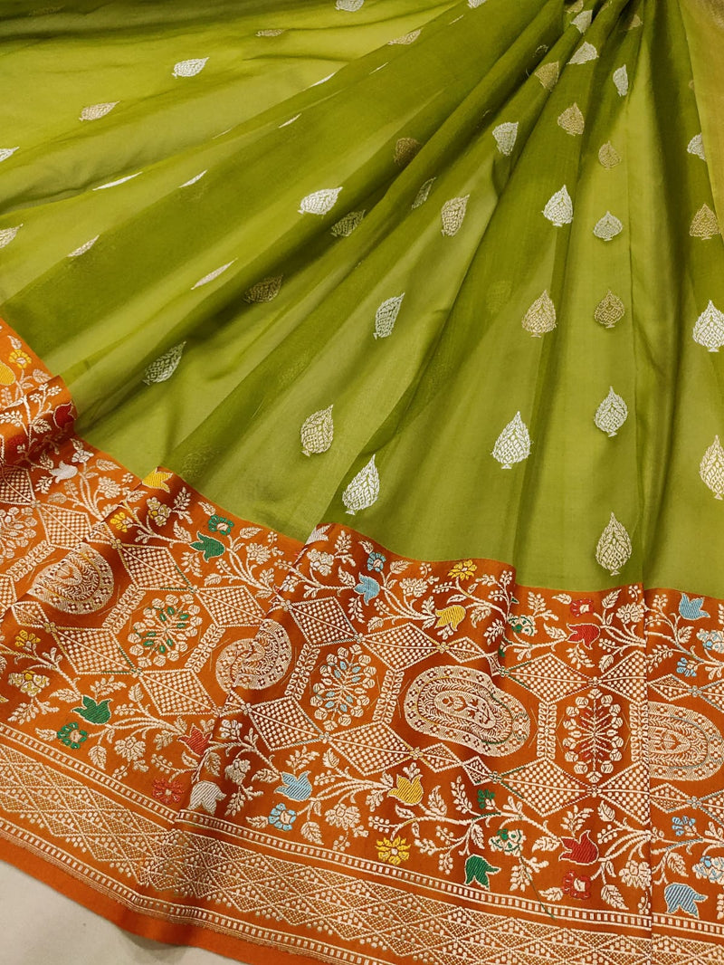 Mehndi Green Color Pure Kora Silk Handwoven Banarasi Saree