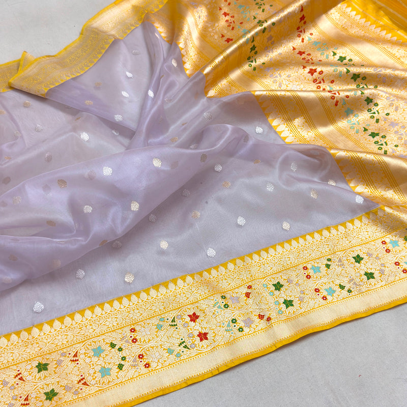 Light lavender colour pure kora handwoven banarasi saree
