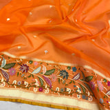 Orange colour pure kora jamdani handwoven banarasi saree