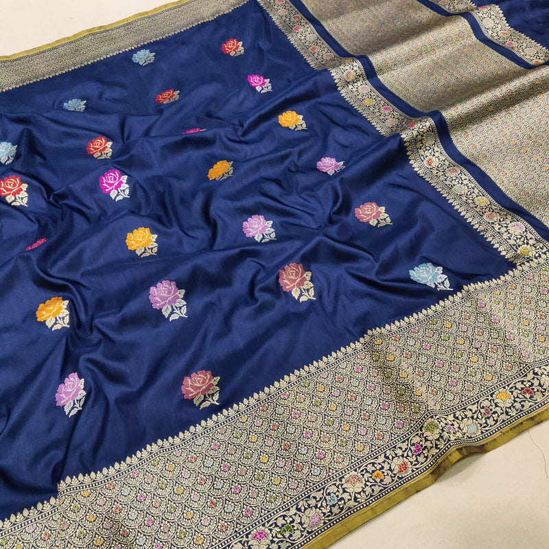 Nevi blue colour pure Katan silk handwoven banarasi saree