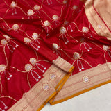 Red colour pure katan silk Handwoven banarasi saree