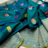Peacock green colour pure katan silk Handwoven banarasi saree