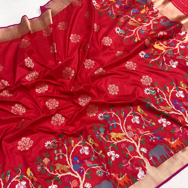 Red colour pure katan silk Handwoven banarasi paithani saree
