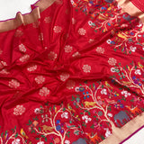 Red colour pure katan silk Handwoven banarasi paithani saree