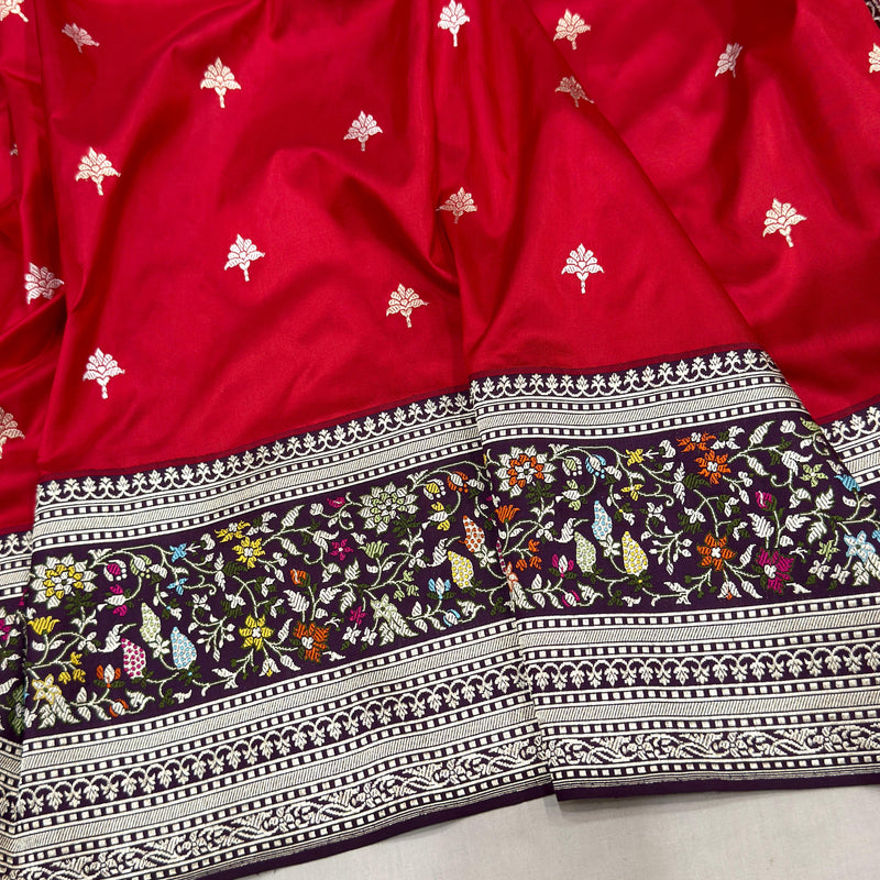 Red colour pure katan silk Handwoven banarasi saree