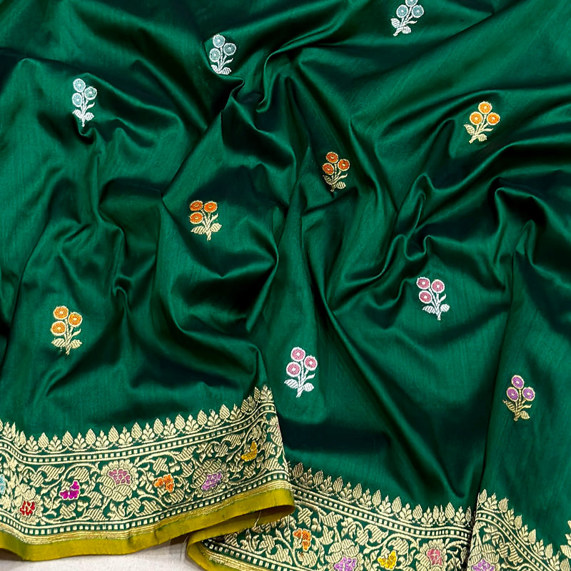 Dark green colour pure katan silk handwoven banarasi saree