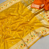 Yellow colour pure Katan silk handwoven banarasi saree