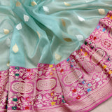 Light green colour pure kora Handwoven Banarasi saree