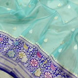 Sky blue colour Pure Kora  Handwoven Banarasi Saree