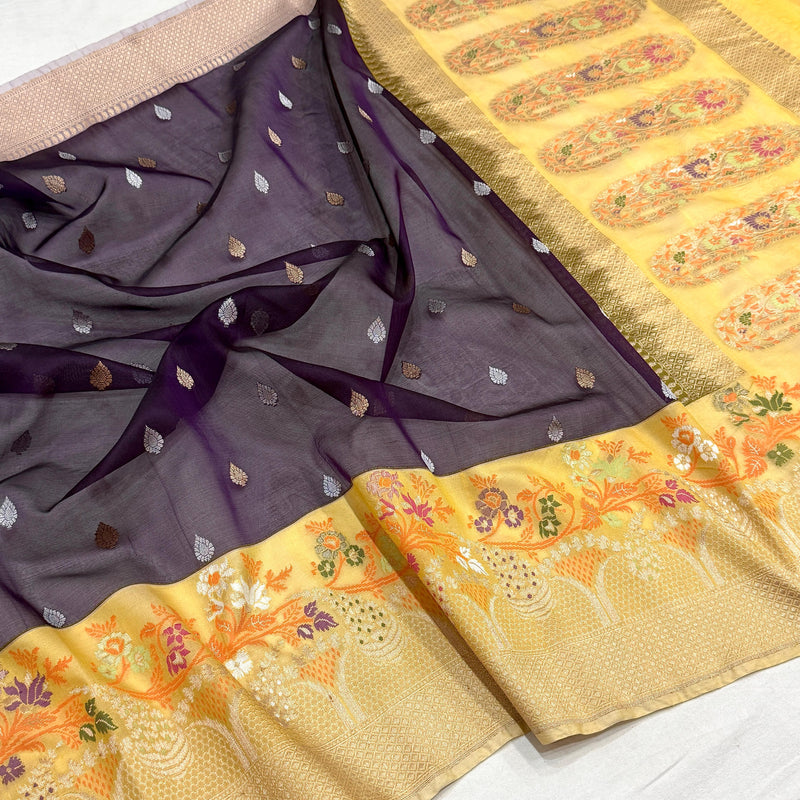 Purple colour pure kora Handwoven banarasi saree