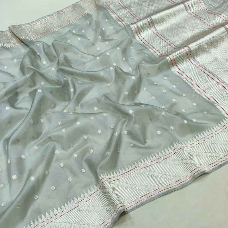Grey colour pure kora handwoven banarasi saree