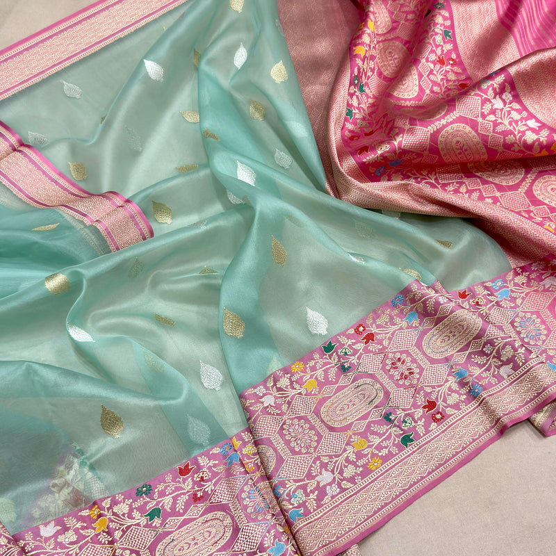 Light green colour pure kora Handwoven Banarasi saree